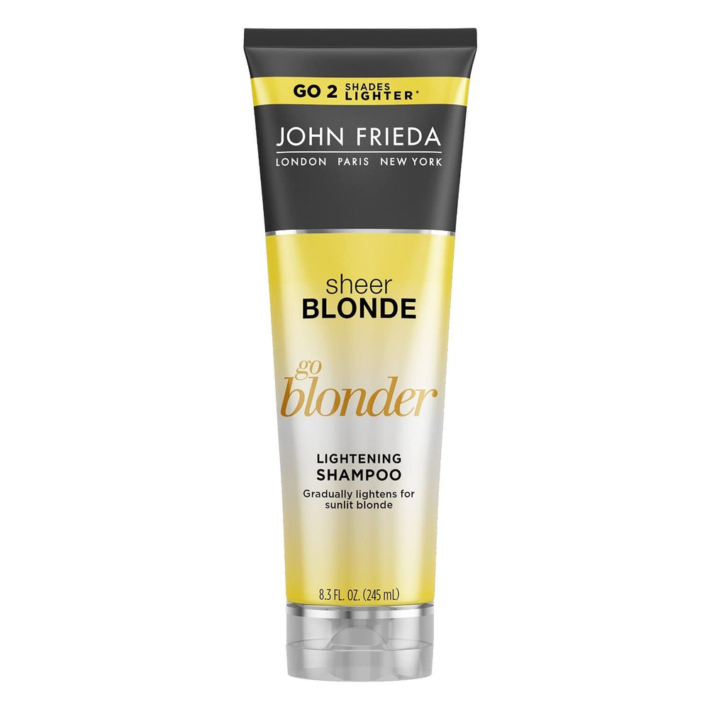 John Frieda Sheer Blonde Go Blonder bottle promotes gradual lightening for natural or color-treated hair.