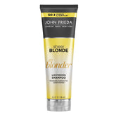 John Frieda Sheer Blonde Go Blonder bottle promotes gradual lightening for natural or color-treated hair.