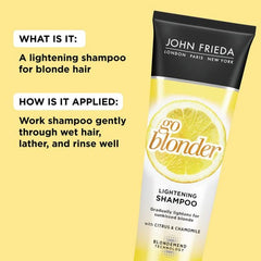 John Frieda Sheer Blonde Go Blonder label closeup showcases branding and key claims.