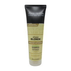 John Frieda sheer blonde highlight activating shampoo bottle for brighter highlights and even toning