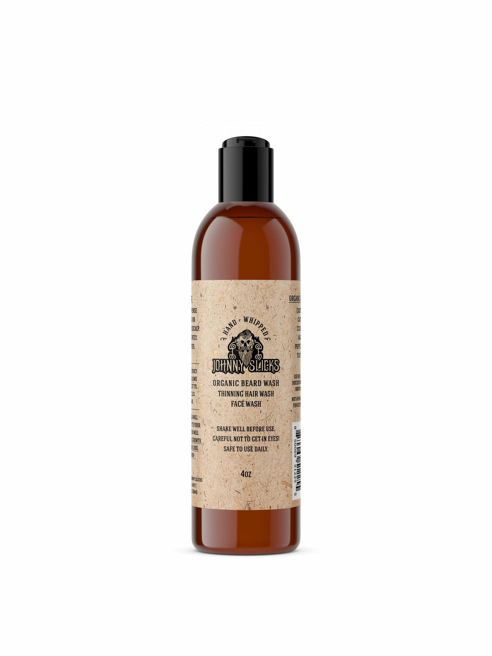 Johnny Slicks beard wash bottle with tea tree and peppermint for refreshing cleansing.