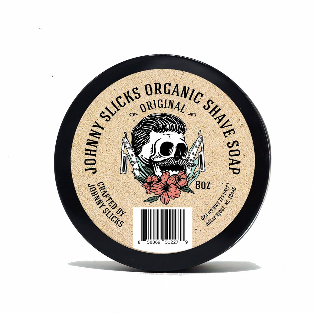 Johnny Slicks Organic Shave Soap jar with rich lather for a smoother shave