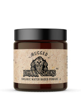 Johnny Slicks Water Based Pomade bottle showing strong hold for durable styling.