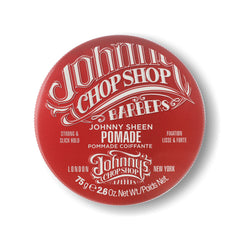 Johnny's Chop Shop Johnny Sheen pomade jar on display for premium hold.