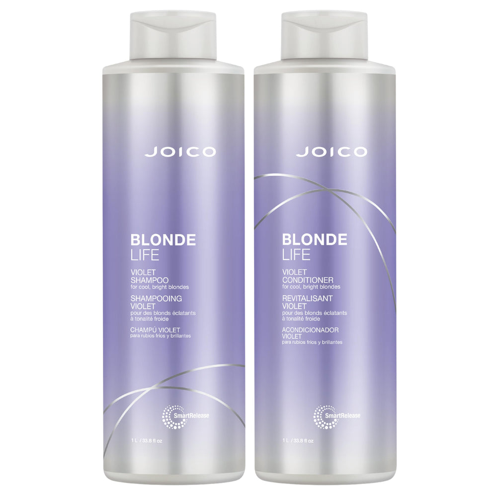 Joico Blonde Life shampoo bottle pour showing brass-neutralizing action for cooler blondes