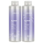 Joico Blonde Life shampoo bottle pour showing brass-neutralizing action for cooler blondes