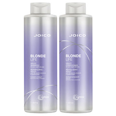 Joico Blonde Life shampoo bottle pour showing brass-neutralizing action for cooler blondes