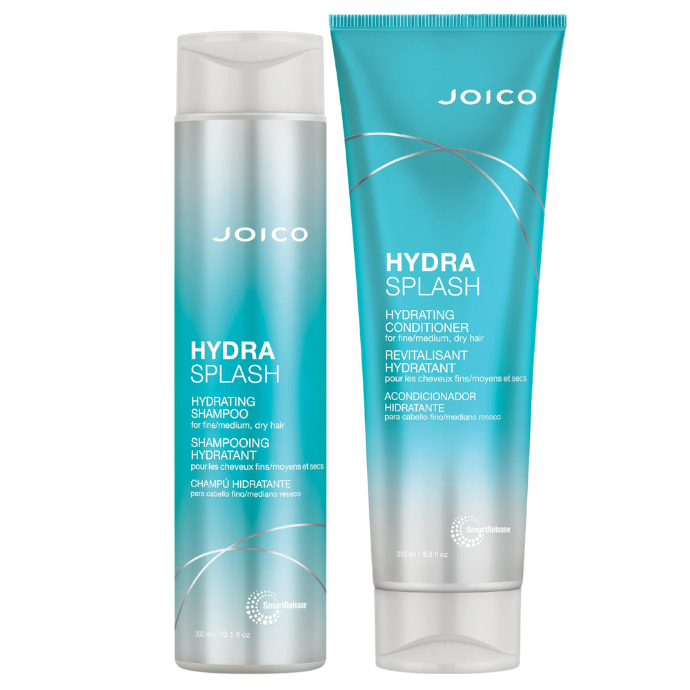 Joico HydraSplash shampoo bottle showing lightweight hydration for fine hair.