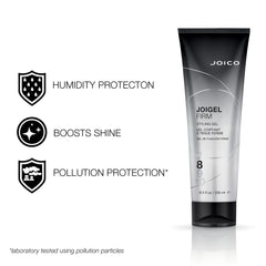 Back view of Joico JoiGel Firm bottle highlighting moisture and protection.