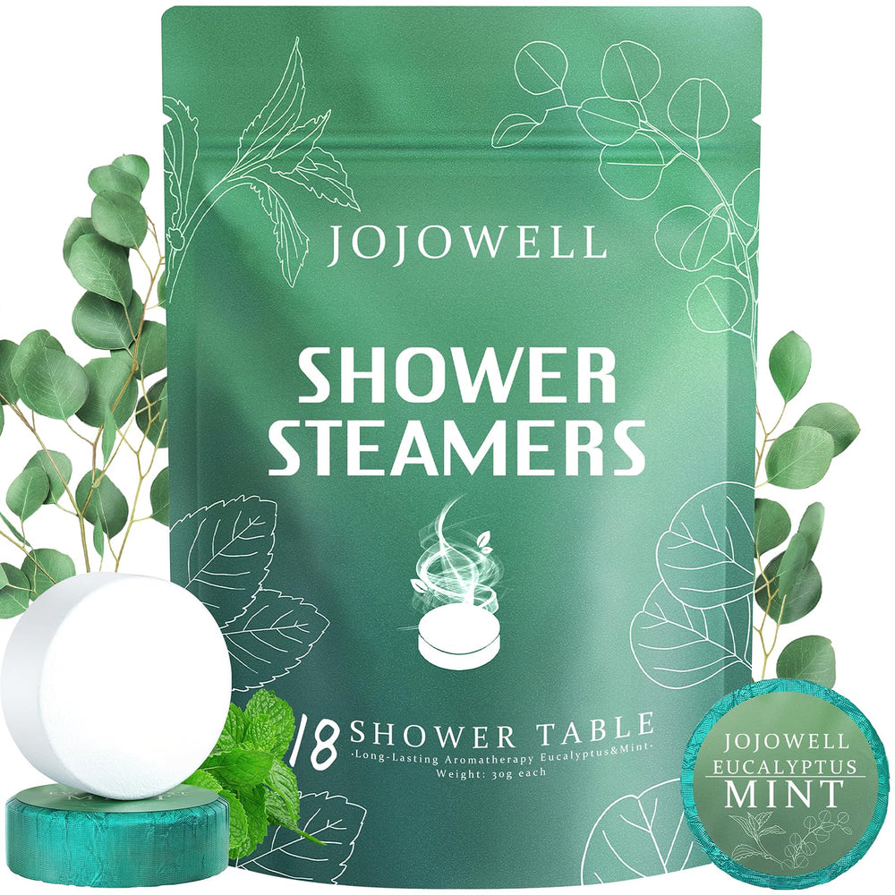 JoJowell mint-eucalyptus shower steamer for a spa-like morning ritual.