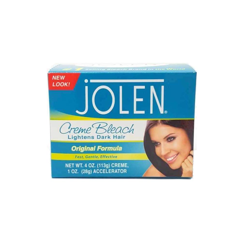 Jolen Creme Bleach bottle for at-home facial hair lightening to blend with skin.