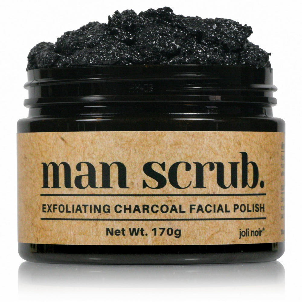 Joli Noir men's charcoal scrub jar close-up showing exfoliating action for oily skin
