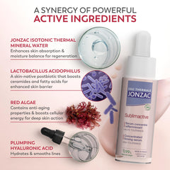 JONZAC Sublimactive details highlight 25% thermal spring water in a natural formula.