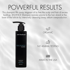 Josh Rosebrook Balance Shampoo lather close-up highlights gentle cleansing for oily scalps.