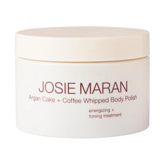 Josie Maran Argan Cake and Coffee Whipped Body Polish jar shows exfoliating texture for smooth skin