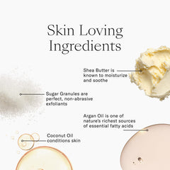 Josie Maran Argan Sugar Balm Scrub bottle pouring oil-rich formula nourishes skin.