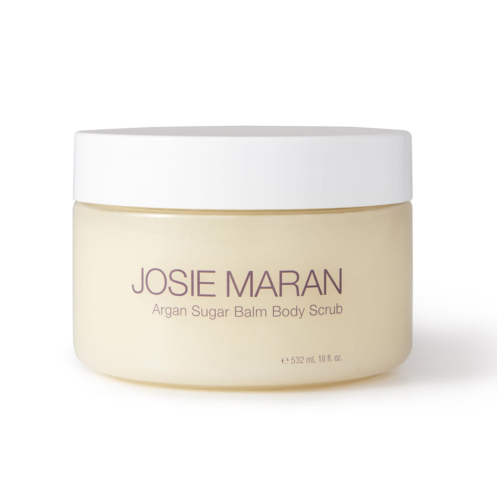 Josie Maran Argan Sugar Balm Scrub jar front for smooth, hydrated skin.