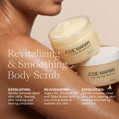 Josie Maran Argan Sugar Balm Scrub texture close-up shows sugar crystals for gentle exfoliation.