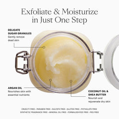 Massaging Josie Maran scrub on damp skin softens dry areas