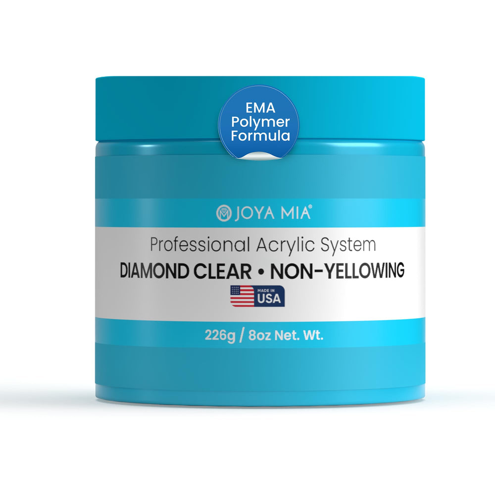 JOYA MIA Diamond Clear acrylic powder bottle for durable, glossy nail enhancements.
