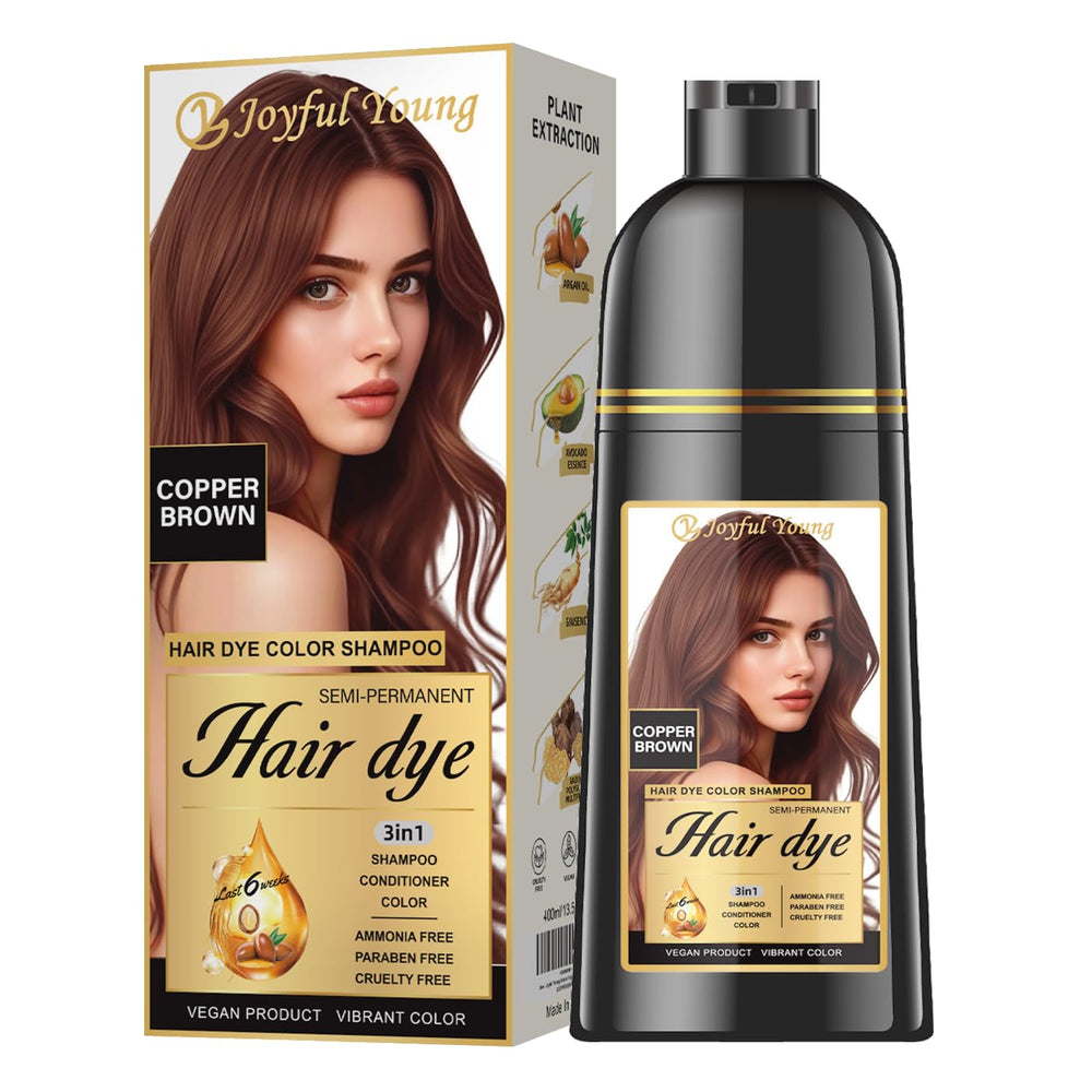 Joyful Young Copper Brown bottle pour shows easy gray coverage.