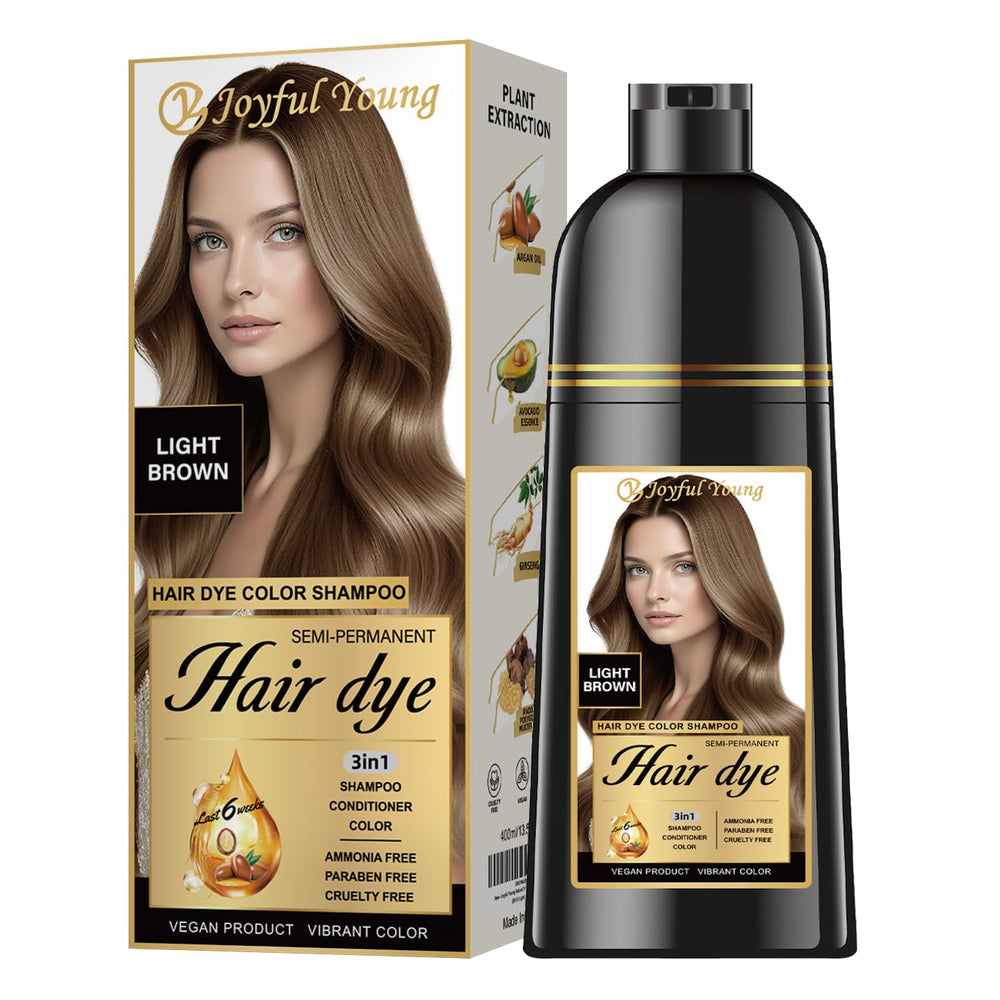 Joyful Young light brown dye shampoo bottle ready for gray blending.
