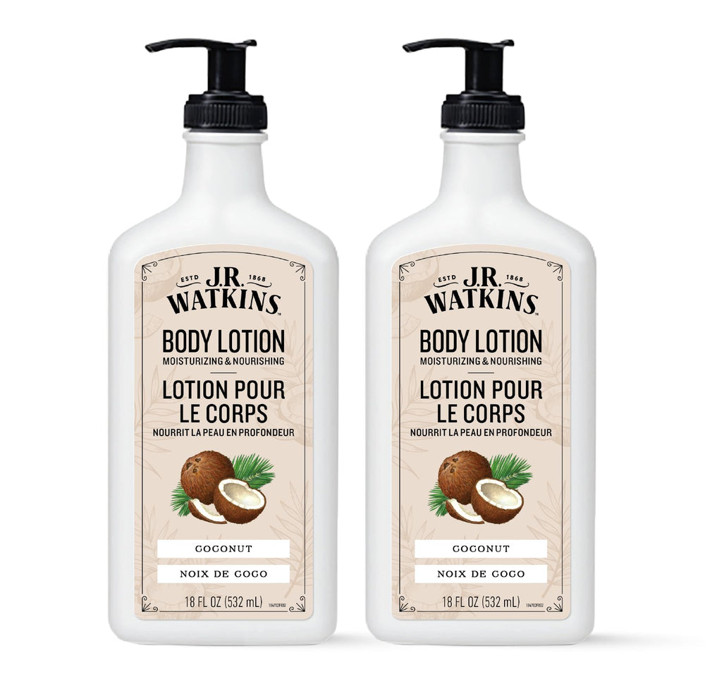 JR Watkins daily moisturizing lotion coconut bottle front highlights hydrating formula for soft, smooth skin.