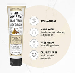 J.R. Watkins Coconut Hand Cream being applied to hands for soft skin