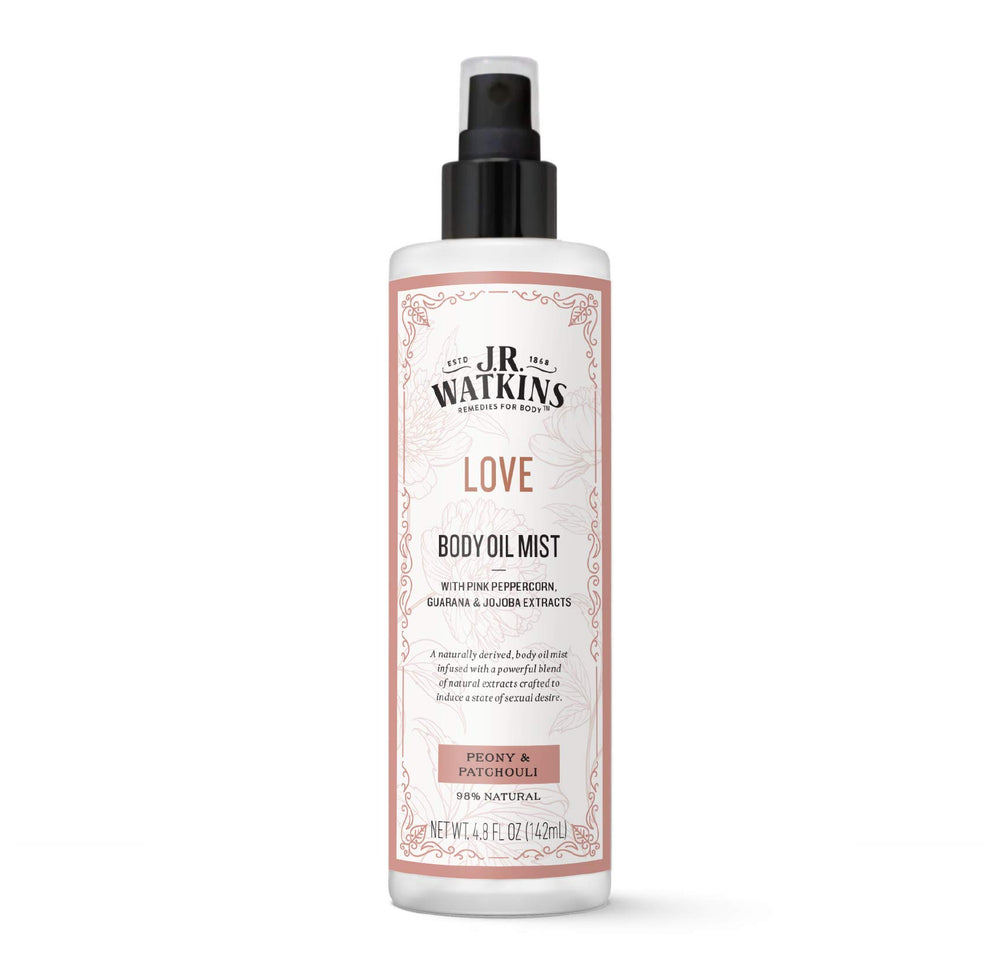 J.R. Watkins Love Body Oil Mist bottle shows a hydrating formula for smoother skin.