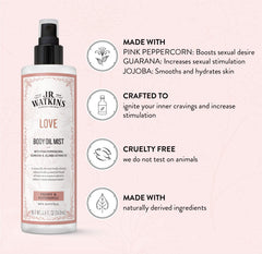J.R. Watkins Love Body Oil Mist spray release for easy application and quick absorption.