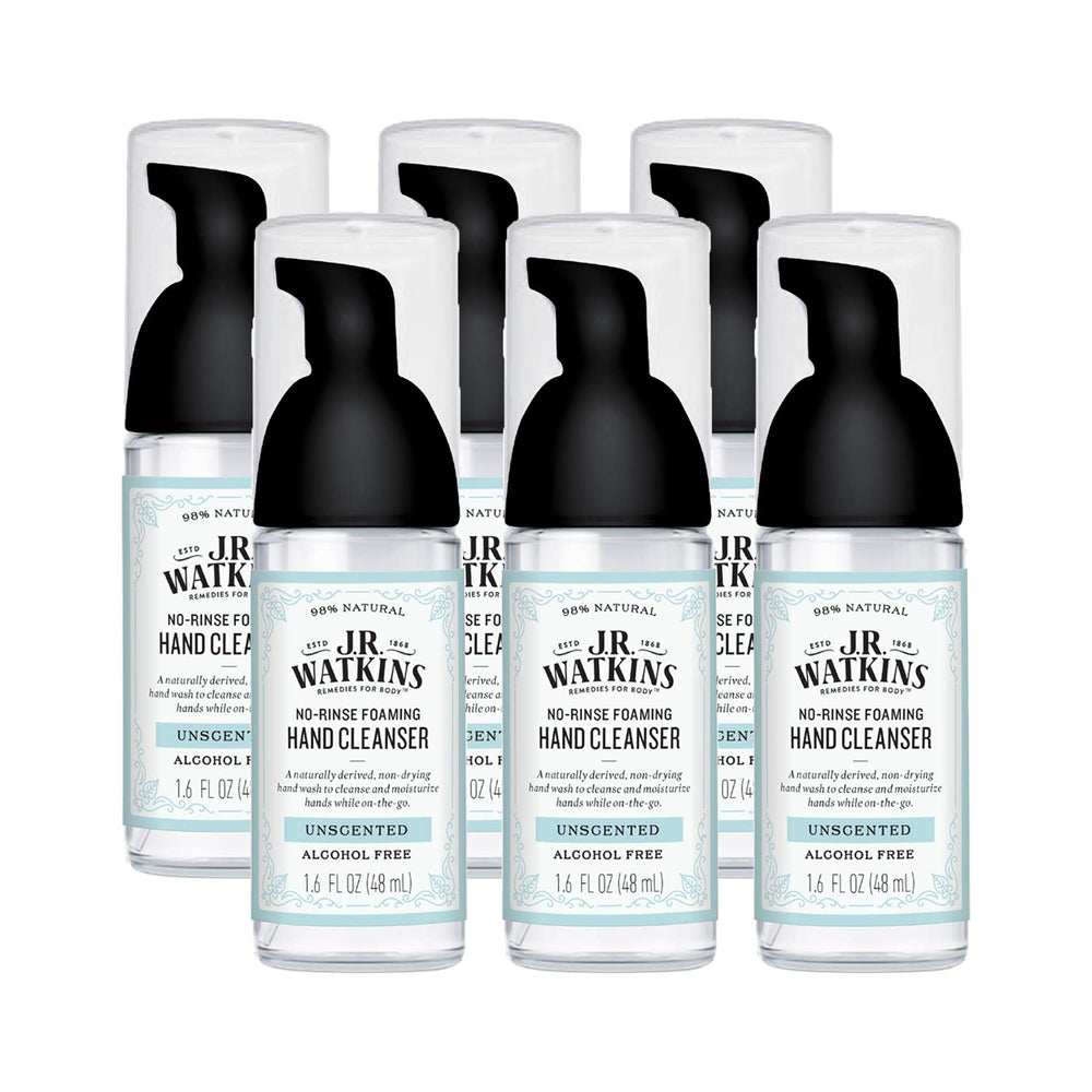 JR Watkins No-Rinse Foaming Hand Cleanser pump bottle on bathroom counter for quick hand cleaning