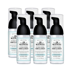 JR Watkins No-Rinse Foaming Hand Cleanser pump bottle on bathroom counter for quick hand cleaning