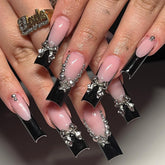 Jremg black French tip nails with long square shape and 3D bows for elegant daily wear