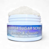JSFA Coconut Lavender Sugar Scrub jar closeup showing rich texture for glow
