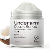 Jtopyrt Coconut Charcoal Underarm Detox Scrub packaging shows vegan formula for gentle detox and odor control.
