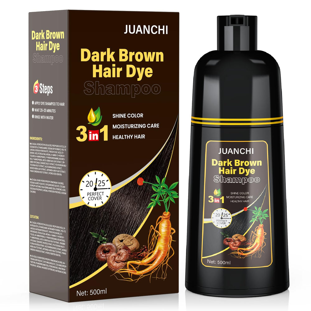 JUANCHI Dark Brown Hair Dye Shampoo packaging for at-home color solution.