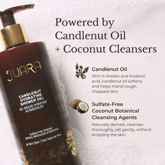 Juara Candlenut Hydrating Shower Gel lather closeup shows creamy foam