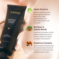 Juara Radiance Enzyme Scrub with turmeric and vitamin C brightens tone.