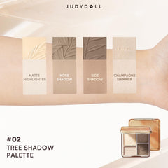 Swatches from the JUDYDOLL palette show warm tones for balanced sculpt.