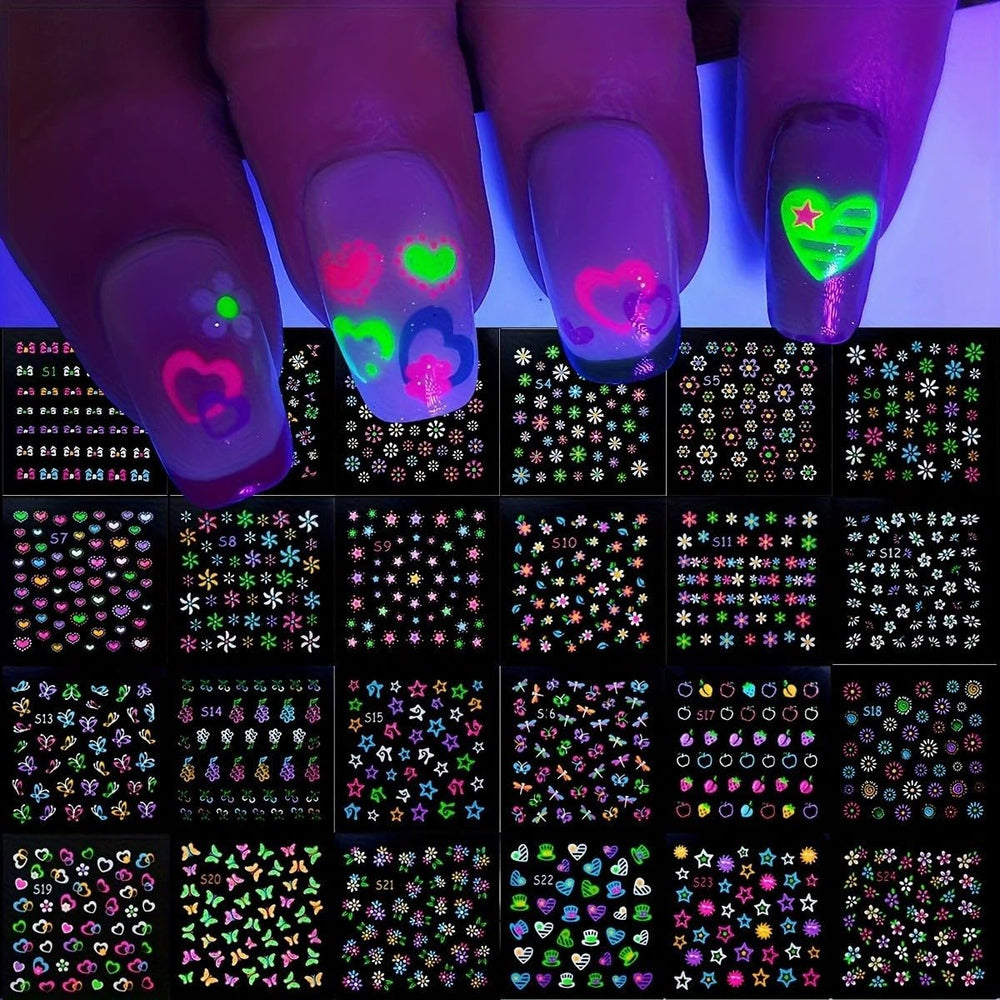 Juggssa luminous flower heart nail stickers for glow-in-the-dark Valentine nails