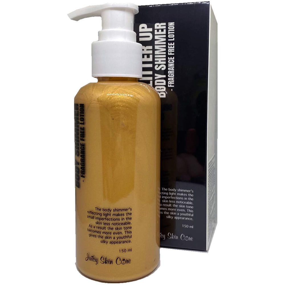 Juicy Skin Care Body Shimmer bottle closeup for subtle glow and even tone.