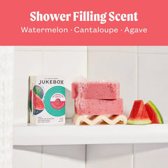 JUKEBOX Watermelon Disco soap lather shows rich bubbles for refreshing washes.