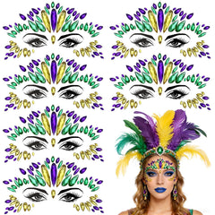 JUNEBRUSHS Mardi for Gras face jewels 6 sheets sparkle on skin for festive looks.
