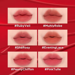 Jung Saem Mool Lip-PRESSION Ruby Veil swatch shows soft blurred velvet pigment.