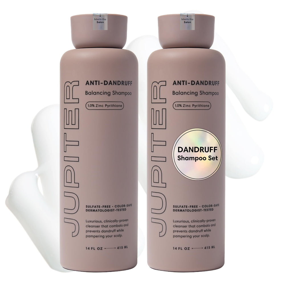 Jupiter Anti Dandruff Shampoo bottle close-up with zinc formula for balanced scalp.