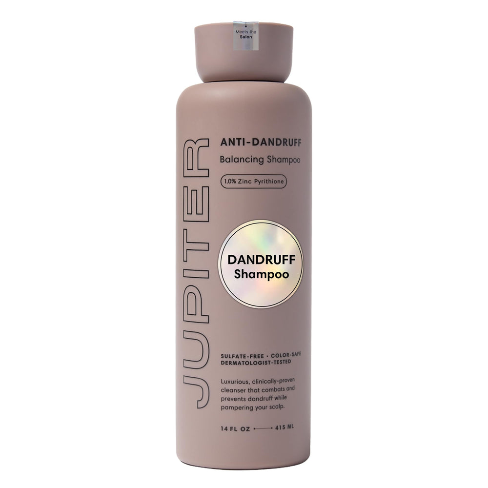 Jupiter Anti Dandruff Shampoo bottle highlights color-safe vegan formula for scalp care