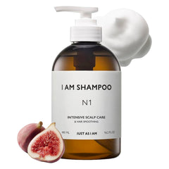 JUST AS I AM Shampoo N1 bottle pouring to support balanced scalp.
