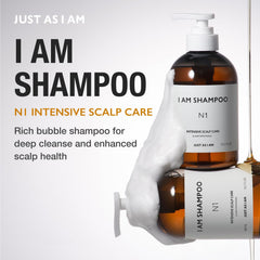 JUST AS I AM Shampoo N1 rich foam close-up for a refreshing cleanse.