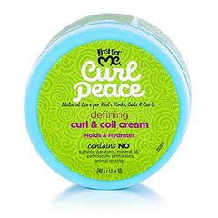 Just For Me Curl Peace label closeup highlights natural ingredients for healthy hair.