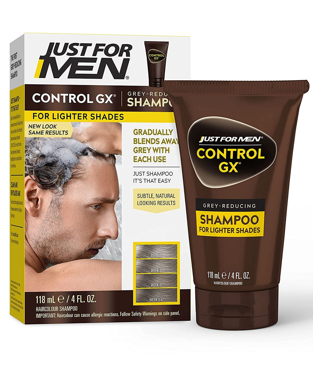 Just for Men Control GX shampoo bottle close-up showing grey reduction over time